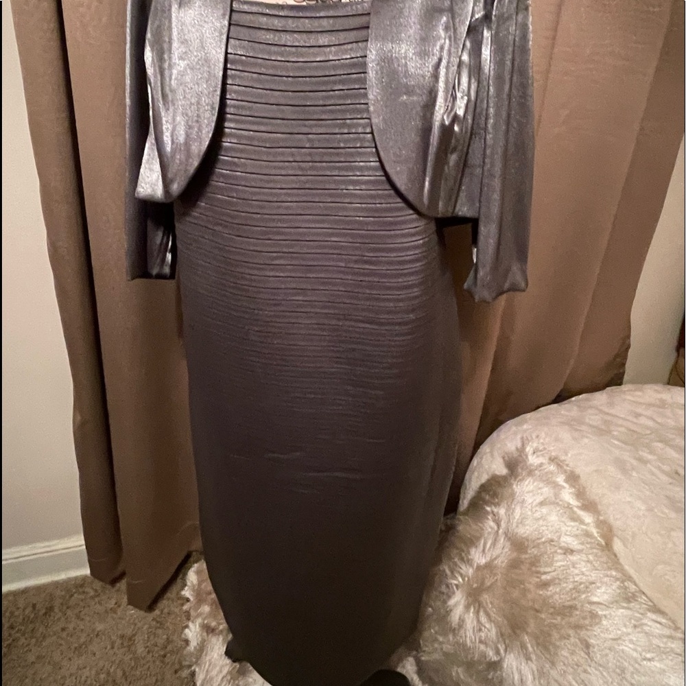 Evening dress (silver) but would be great for black tie event.